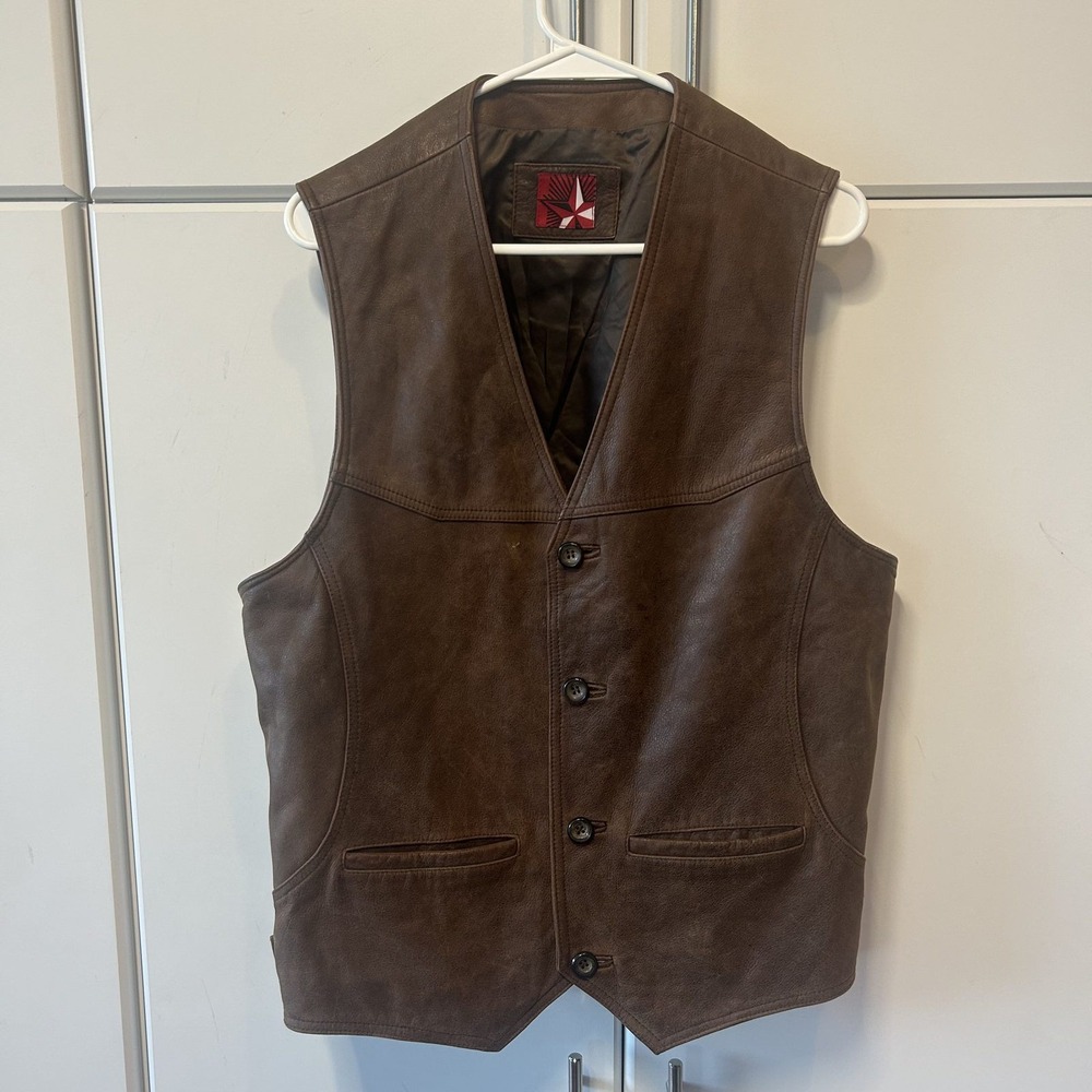 Mens Brown Genuine Leather Western Vest V-Neck Button Front Large B713